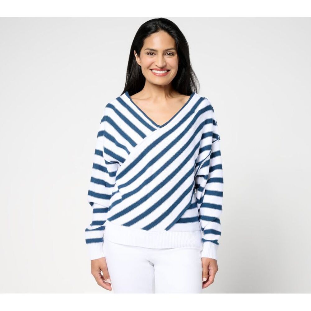Peace Love World Women's Top Sweater Sz L Overlap Stripe Multi-colored